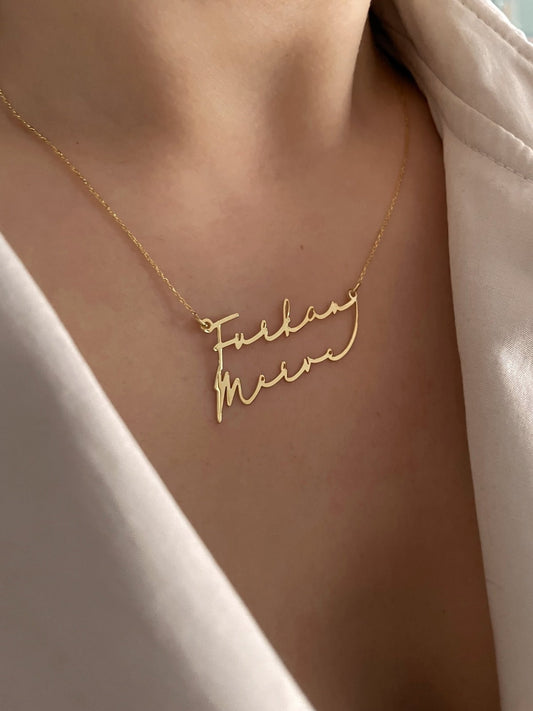 18k gold Gold name necklace .14k solid gold Two Names necklace with heart , 14k gold Name necklace , Personalized jewelry , Minimalist Gift